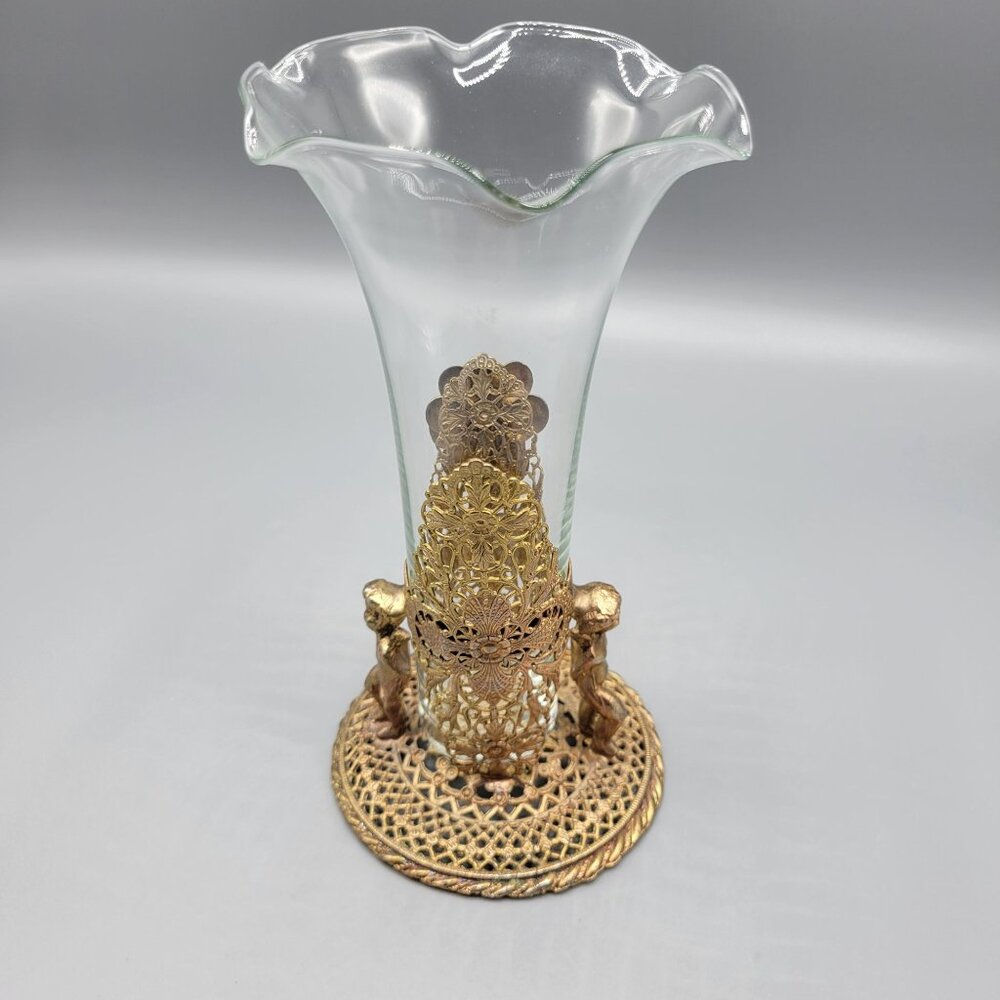 Antique Vintage Gold Brass Filigree Fluted Bud Vases Cherub Figural Design - Picture 13 of 16
